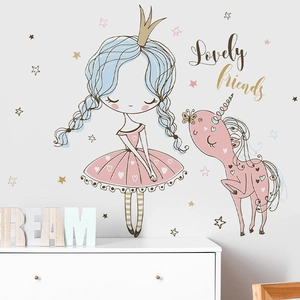 Cartoon princess with unicorn wall stickers for girls' bedroom nursery wall decor