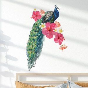 Sticker Mural Amovible Paon Tropical Et Fleur D'Hibiscus Mural Décoratif Artistique En PVC Pour Salon Chambre Décoration Maison