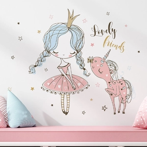 Cartoon princess and unicorn wall stickers for kids room featuring Lovely Friends text