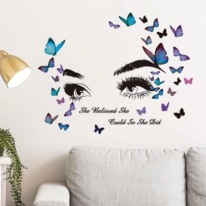 Creative wall sticker set featuring female eyes, colorful butterflies and inspiring quote