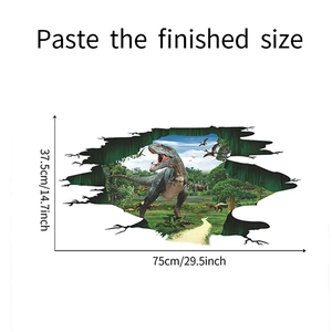 Detailed 3D broken wall dinosaur wall sticker dimension guide with 75cm width measurement