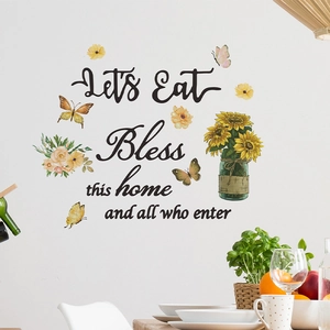 Adesivi murali con girasoli e farfalle con scritte Let's Eat per decorazione sala