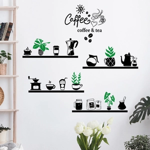 Adesivi murali creativi a tema caffè con piante verdi per decorazione di caffè e casa