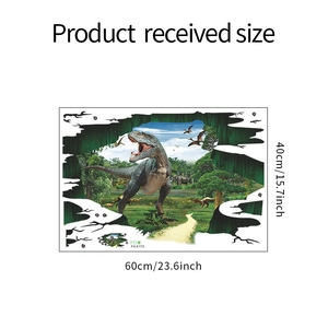 Detail showing 3D wall sticker dimensions 60cm by 40cm with T-Rex breaking through forest wall