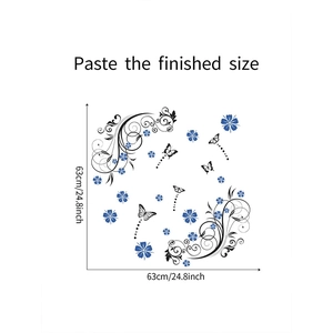 Detailed dimension layout showing purple flower and butterfly wall decal at 63cm size