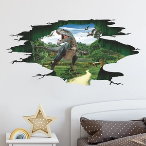 3D broken wall dinosaur wall sticker with T-Rex and rainforest for home decoration