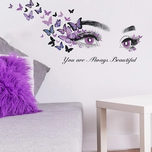 Artistic eye wall sticker with purple butterflies and You are Always Beautiful quote
