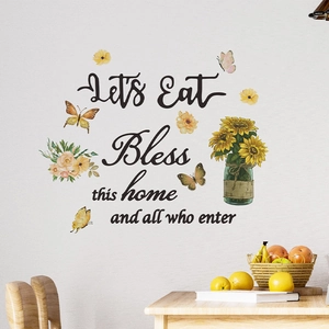 Adesivi murali con girasoli e farfalle e citazione Let's Eat per decorazione casa