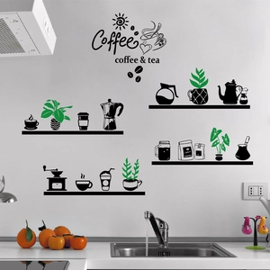 Adesivi murali caffè con piante in vaso e bricchi su mensole per arredo cucina