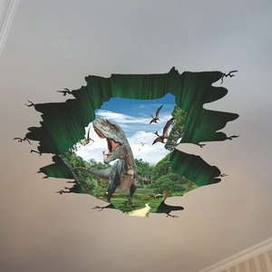 3D wall sticker featuring a realistic dinosaur breaking through a tropical forest wall