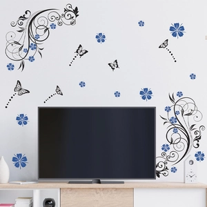 Floral wall sticker with purple flowers, black vines and butterflies for living room