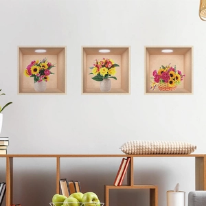 Set of three 3D floral wall stickers featuring realistic potted flowers for home decor