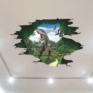 3D dinosaur wall sticker with realistic T-Rex breaking through wall for home decoration