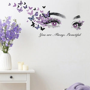 Artistic wall decal with eye pattern, purple butterflies and You are Always Beautiful quote