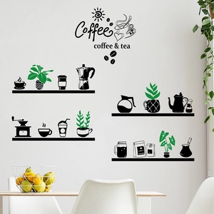 Adesivi murali tema caffè e piante per decorazione cucina con tazze e vasi creativi