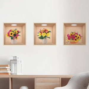 Set of 3D sunflower and rose wall stickers in wooden window frame style for home decor