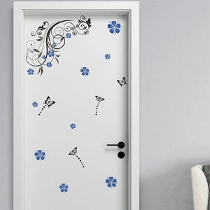 Floral vine wall sticker with blue flowers and black butterflies for door decoration