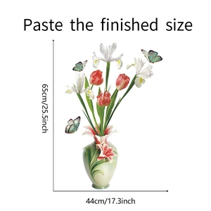 Detailed wall sticker dimensions showing 3D relief flower vase and butterflies