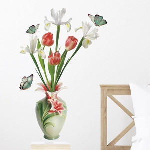 3D embossed wall sticker featuring flower vase with tulips, irises and flying butterflies