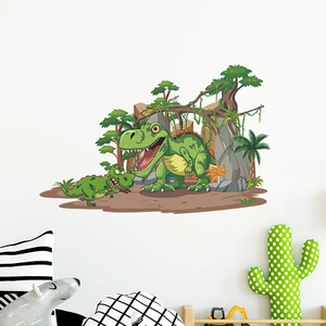 Cartoon green dinosaur wall decals for kids bedroom decor featuring a lush forest scene