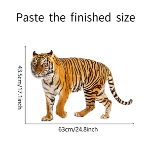 Realistic tiger wall sticker detail showing dimensions of 63cm width and 43.5cm height