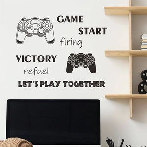 Sticker mural gamer avec manettes et slogan Game Start pour déco de salle de jeux