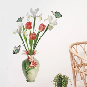 Floral wall sticker featuring relief vase with white irises, red tulips and butterflies