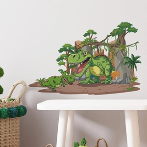 Cartoon forest dinosaur wall sticker for kids bedroom featuring green T-Rex and jungle