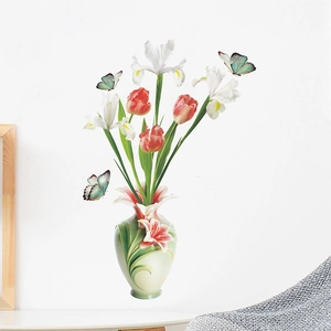 3D embossed flower vase wall decal with pink tulips, white irises and butterflies