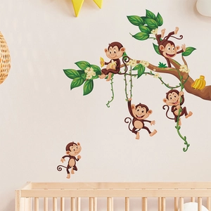 Stickers muraux singes de dessin animé sur branche pour décoration de chambre d'enfant
