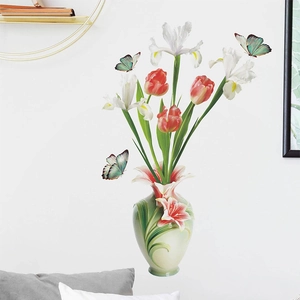 3D Relief Vase Flower Wall Stickers Removable PVC Floral Butterfly Wall Decals For Living Room Bedroom Home Decoration