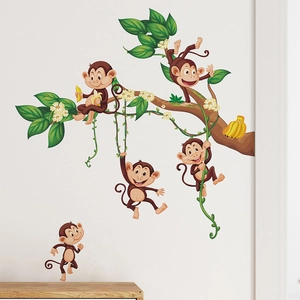 Stickers muraux singes de dessin animé et lianes pour chambre d'enfant et crèche