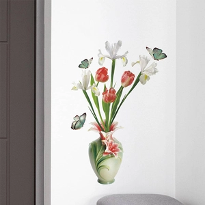 3D floral wall sticker with pink lily vase and colorful tulips for home decoration