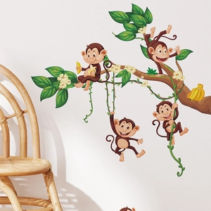 Stickers Muraux Singe Dessin Animé Branches Arbre PVC Animaux Jungle Autocollants Muraux DIY Décor de Chambre d'Enfant