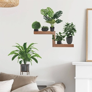 3D realistic monstera wall stickers with wooden shelf design for home living room decor