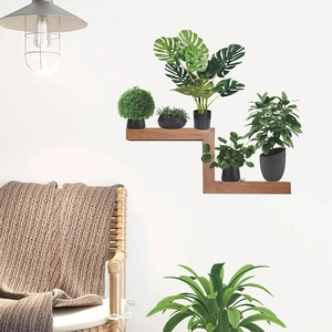 Modern wooden Z-shaped wall shelf featuring green Monstera potted plants for home decoration