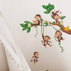 Stickers muraux singes de dessin animé avec branches et lianes pour chambre d'enfant