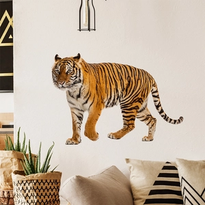 Realistic tiger wall sticker decor for modern living room featuring orange black stripes