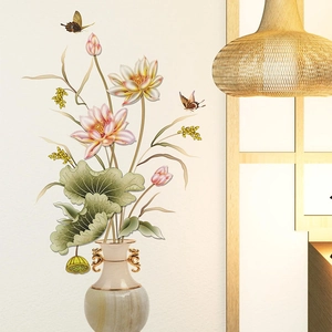 Chinese Style Lotus Vase Wall Sticker PVC 3D Relief Floral Butterfly Removable Decal For Living Room Bedroom Home Decor