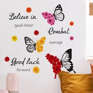 Floral daisy butterfly wall decals with motivational quotes for home decoration