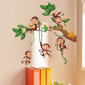 Stickers muraux singes sur branche pour décoration de chambre d'enfant et crèche