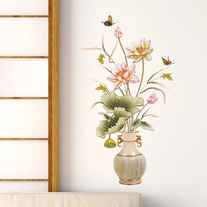 Classic Chinese lotus flower wall decal in an antique vase for home living room decor