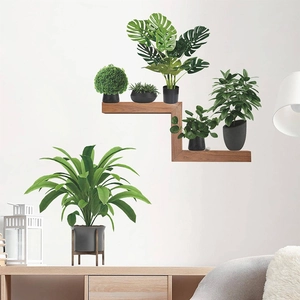 Tropical green potted plant wall stickers with Monstera and wooden shelf design