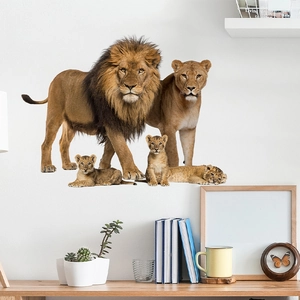 Stickers muraux famille de lions réalistes avec lion, lionne et lionceaux déco