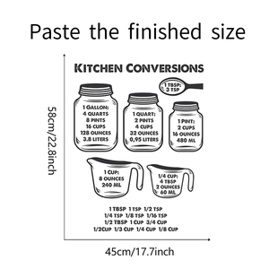 Detailed kitchen conversion chart wall sticker showing standard units and sizing dimensions