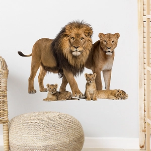 Stickers muraux famille de lions réalistes avec lion, lionne et lionceaux pour déco