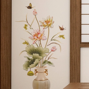 3D embossed lotus and vase wall decal with green leaves and butterflies for home decor