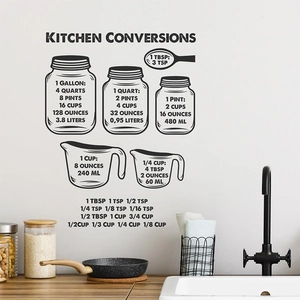 Minimalist kitchen conversion chart wall decal showing measurements on a white wall