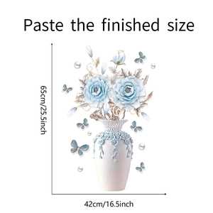 Detail showing 3D embossed blue flower wall decal with butterfly and pearl accents