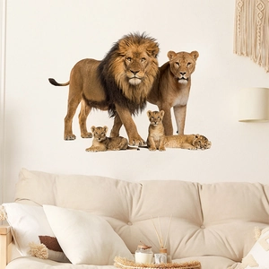 Stickers muraux famille de lions réalistes pour salon avec lions et lionceaux décoratifs
